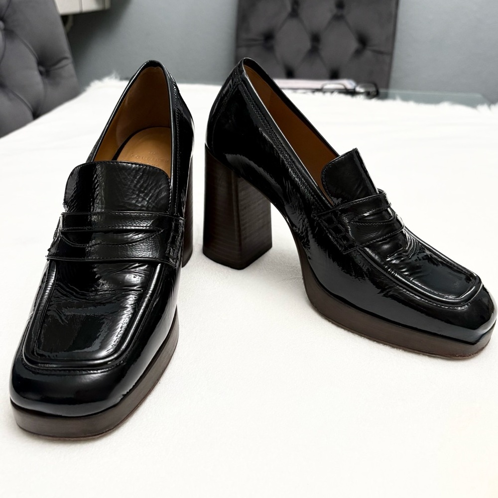 Sezane Jessie Heeled Loafers  Black Patent Leather Sz 41